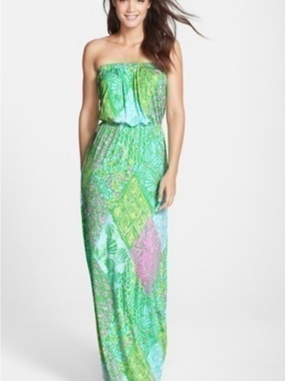 Lilly Pulitzer Strapless Green & Pink Printed Maxi Dress - Picture 1 of 11